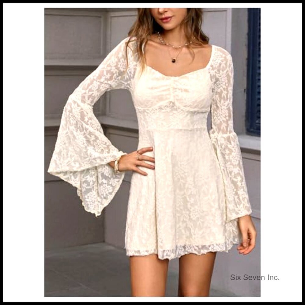Floral Jacquard Mesh Gothic Dress Bell Sleeve A-Line Vintage Inspired - Picture 3 of 7